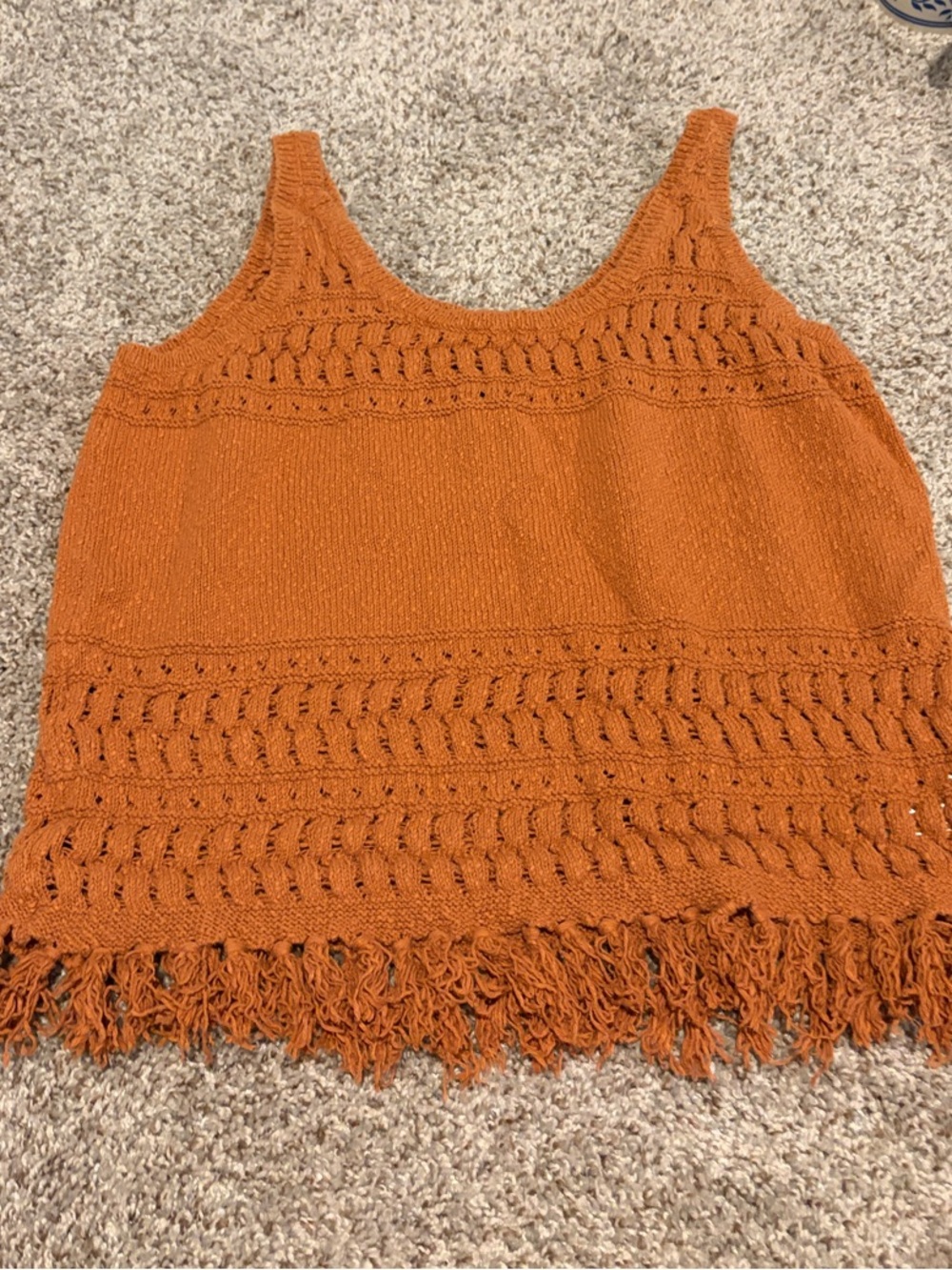 Sleeveless Knit Fringe Tank Top in Rust Orange